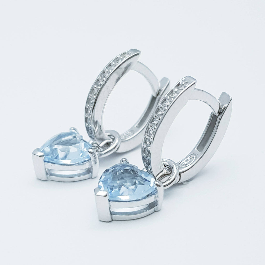Two earrings in one, silver hoop earrings with removable aquamarine blue heart drop, minimal huggie earrings