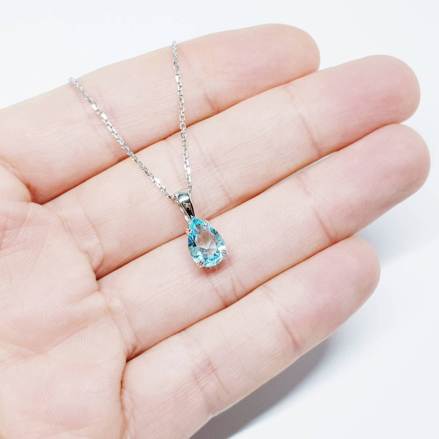 925 silver turquoise blue aquamarine teardrop necklace, single light blue drop pendant