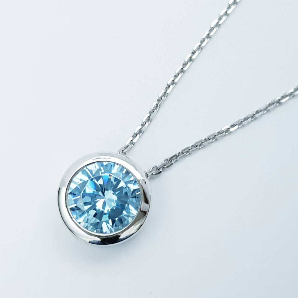 Sterling silver round aquamarine blue necklace, single light blue slider pendant