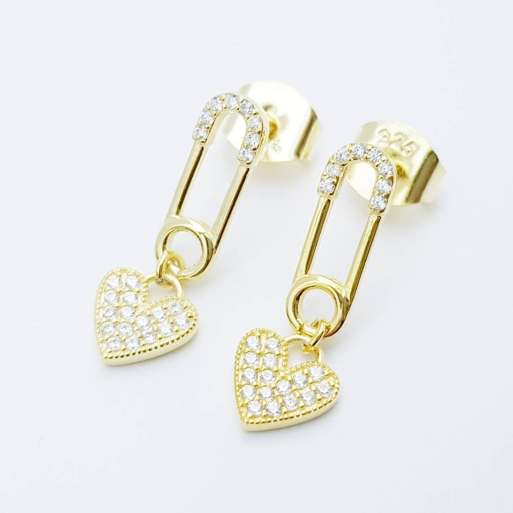 Safety pin and heart earrings, heal my heart studs