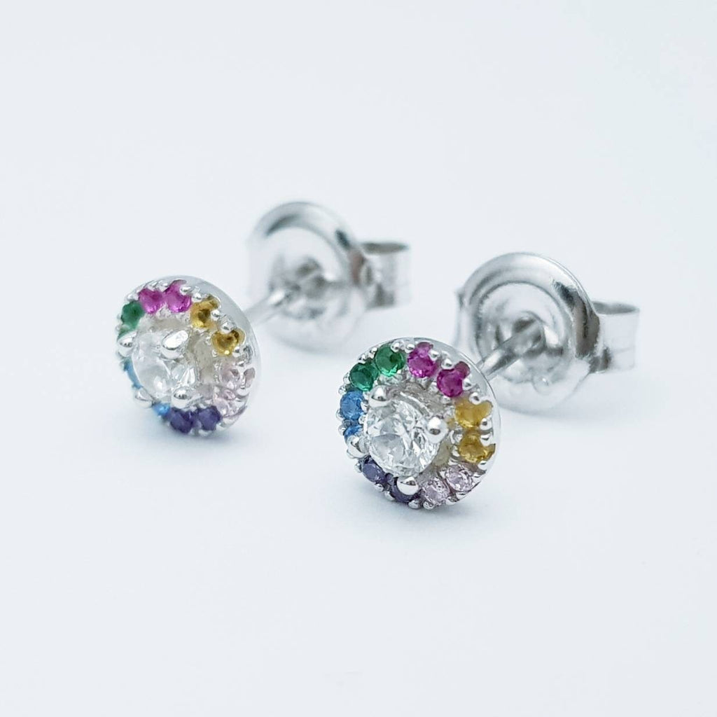 Dainty gold rainbow studs, sterling silver gold plated earrings, rainbow halo