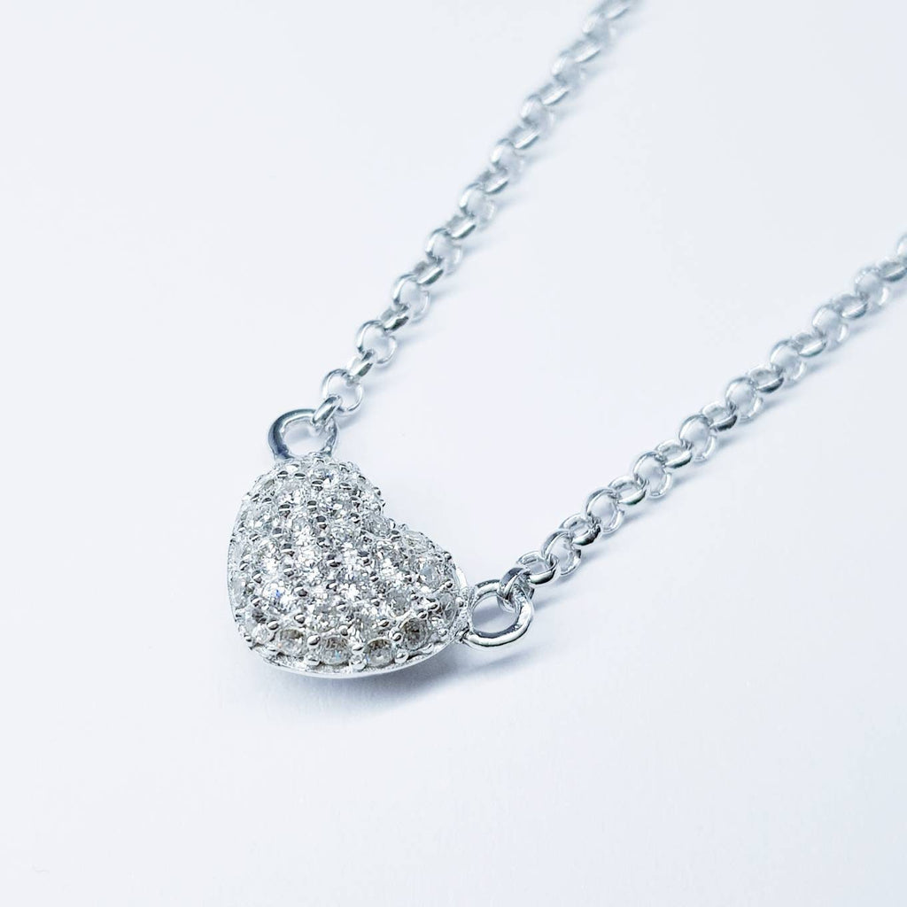 Dainty sterling silver heart necklace pavé set with faux diamonds, small heart chain