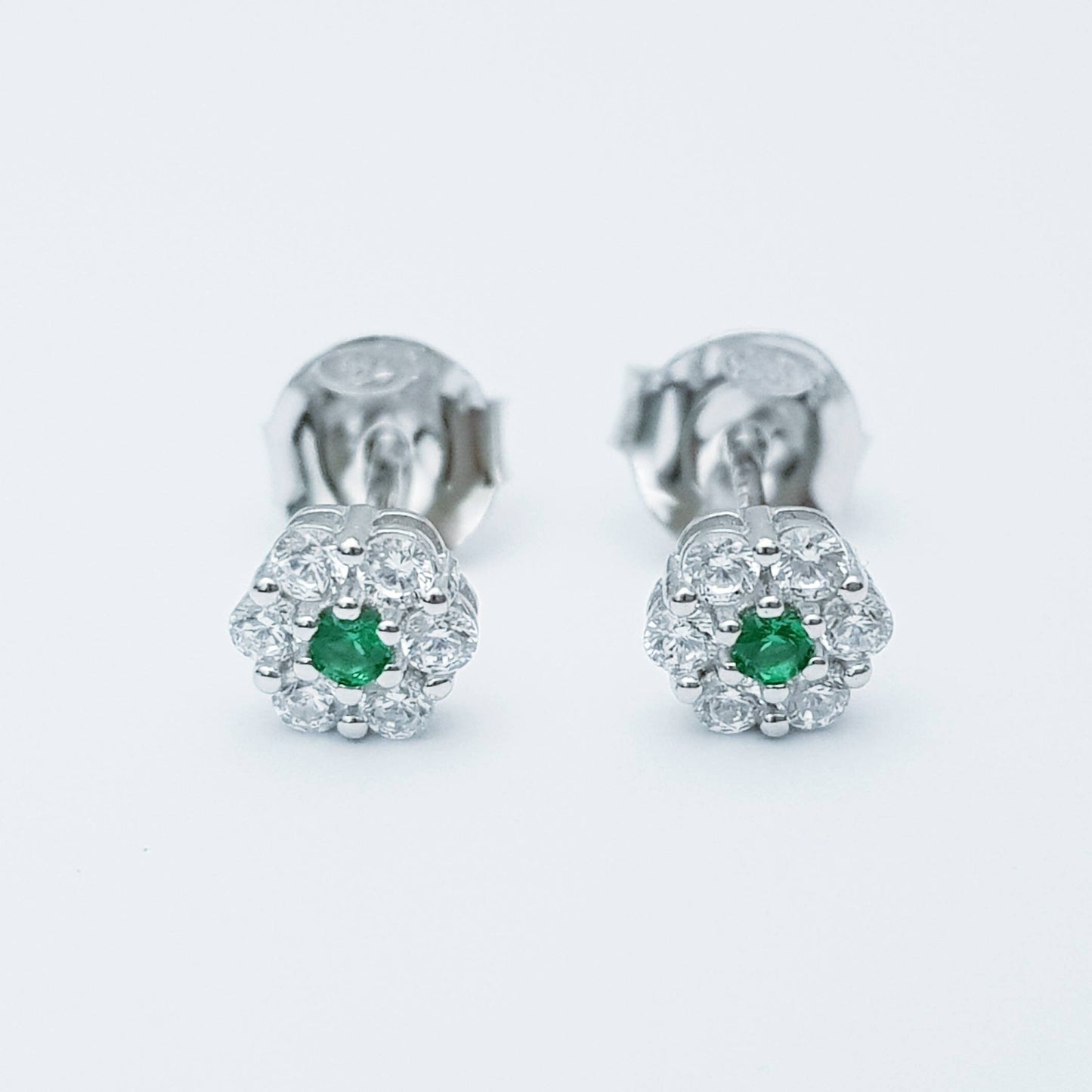 Small emerald green stud earrings, vintage earrings, emerald and diamond halo earrings, second hole earrings, may birthstone studs