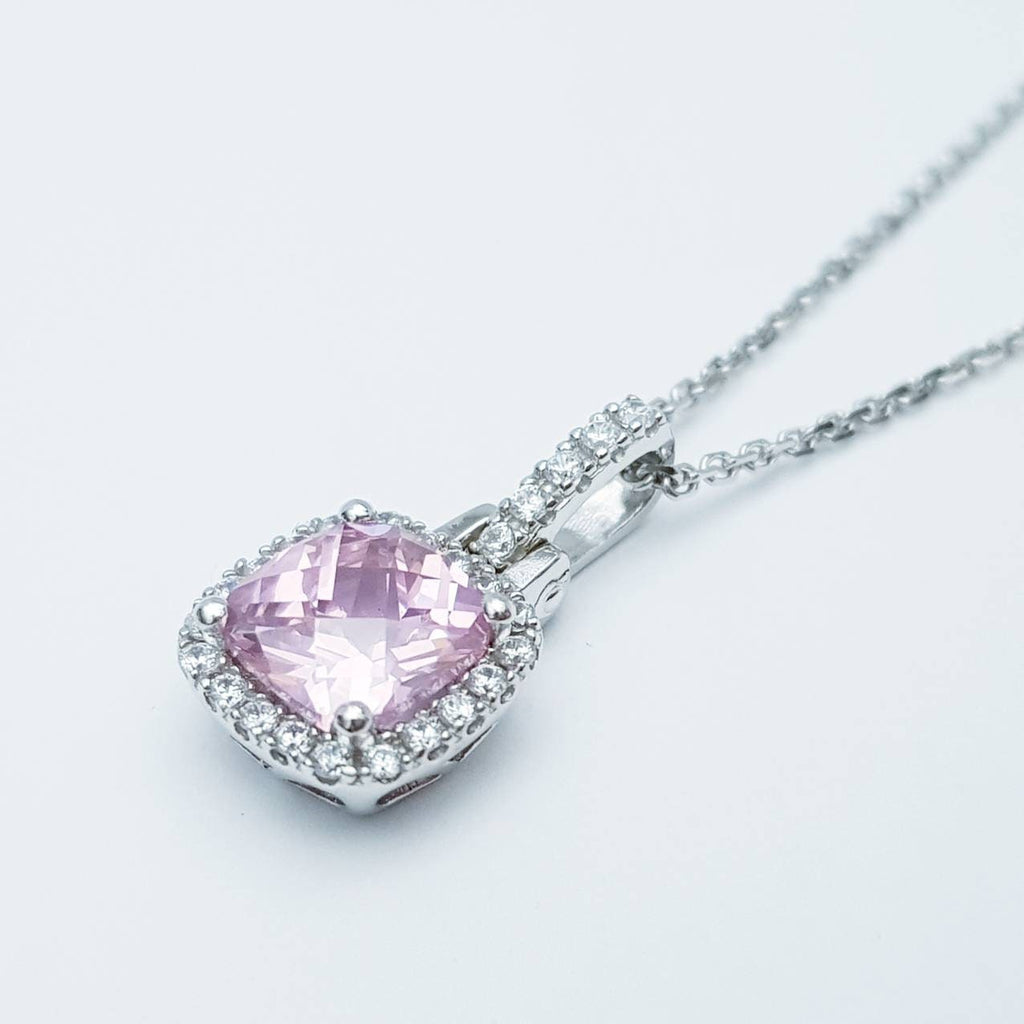 Sterling silver pink necklace, cushion cut light pink faux diamond halo pendant