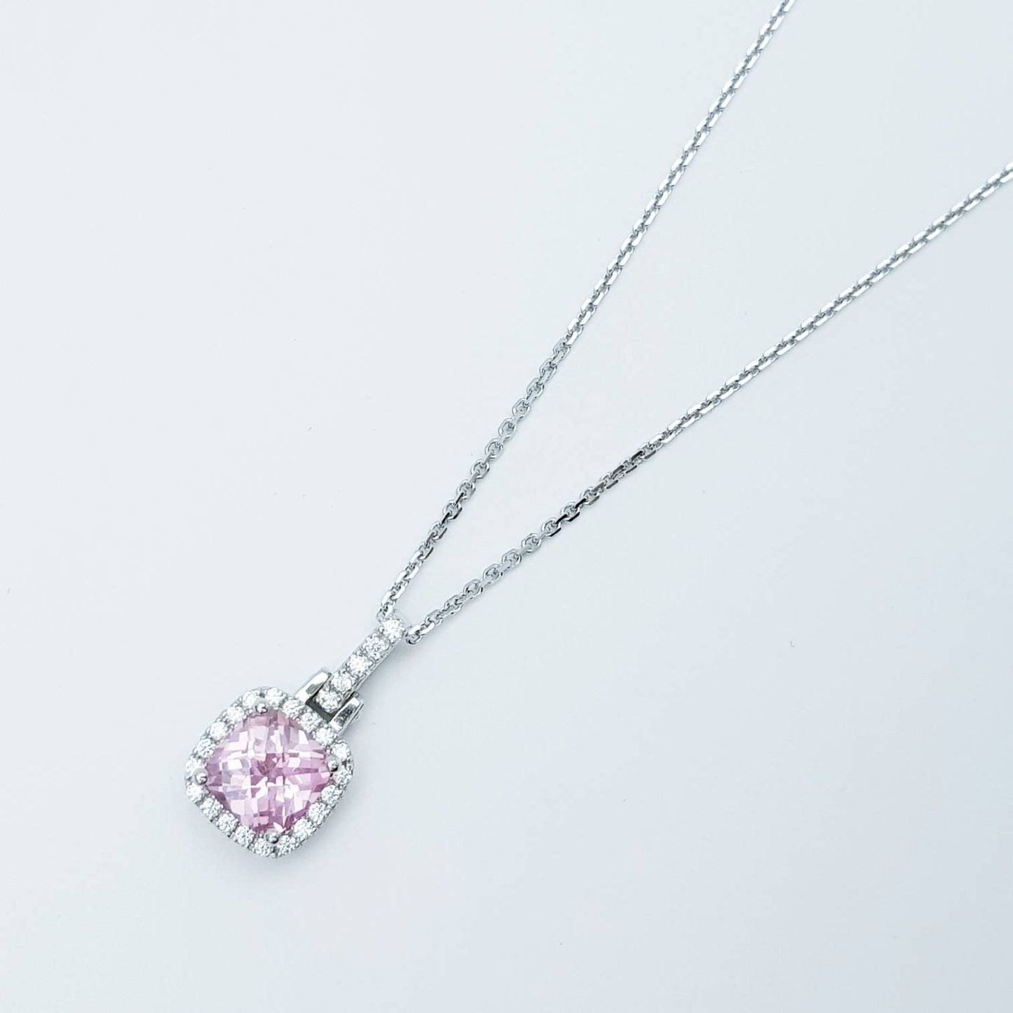 Sterling silver pink necklace, cushion cut light pink faux diamond halo pendant