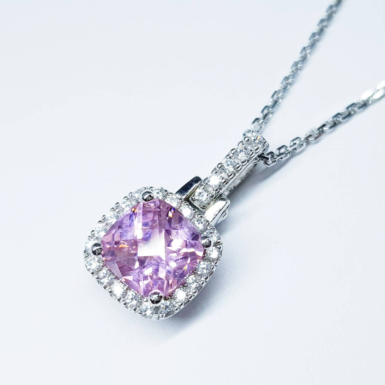 Sterling silver pink necklace, cushion cut light pink faux diamond halo pendant