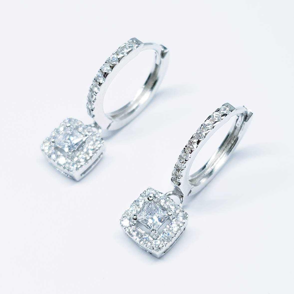 Silver drop and dangle hoop earrings, diamond hoop earrings, square diamond huggie earrings
