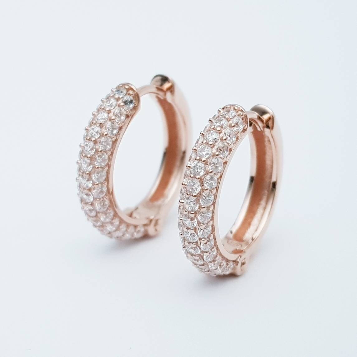 Gold hoop earrings, rose gold huggie earrings, faux diamond hoop earrings