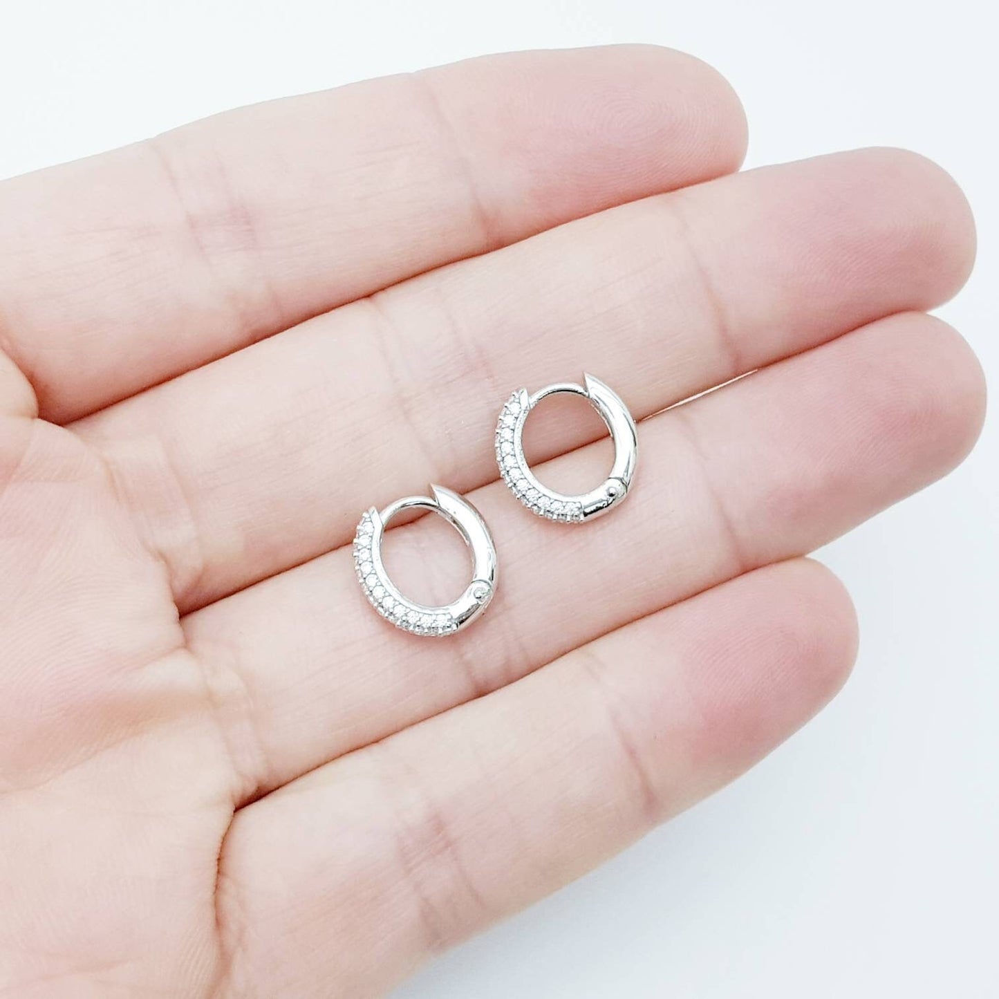 Small hoop earrings, silver huggie earrings, faux diamond huggies, cute diamond hoops