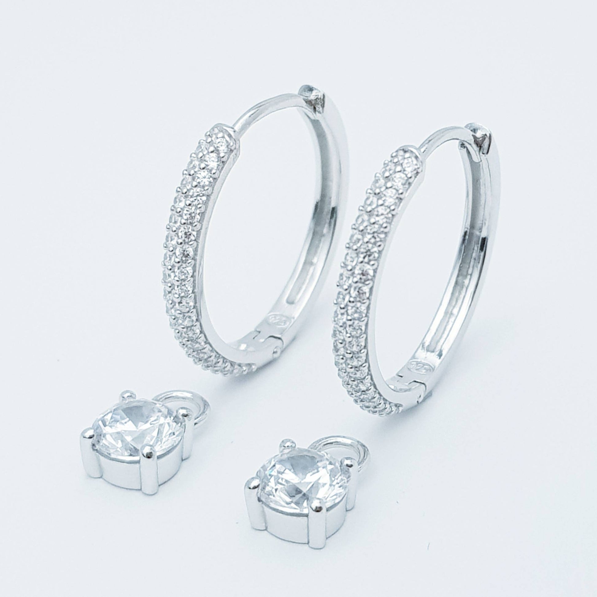Two earrings in one, silver huggie earrings, faux diamond huggies, diamond drop lever back earrings