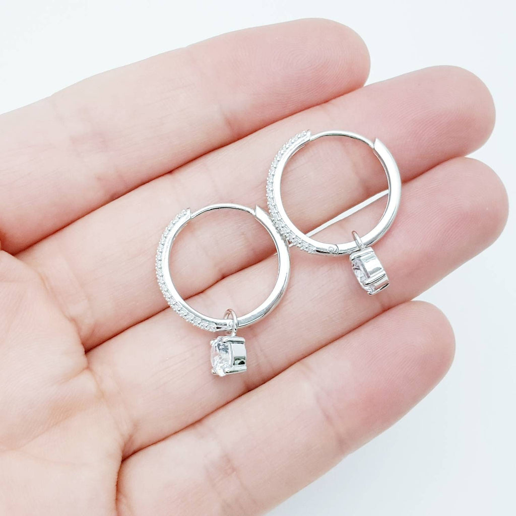 Two earrings in one, silver huggie earrings, faux diamond huggies, diamond drop lever back earrings