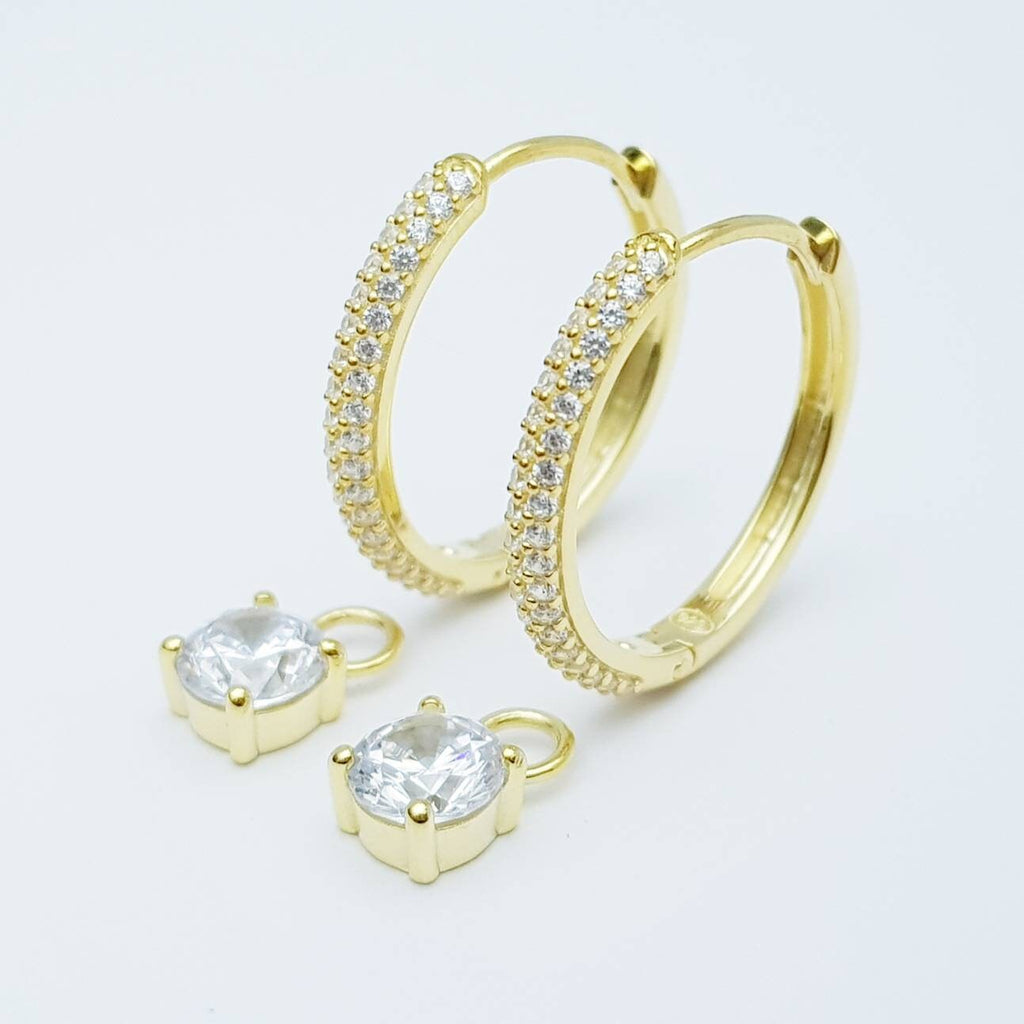 Two earrings in one, gold huggie earrings, faux diamond huggies, diamond drop lever back earrings