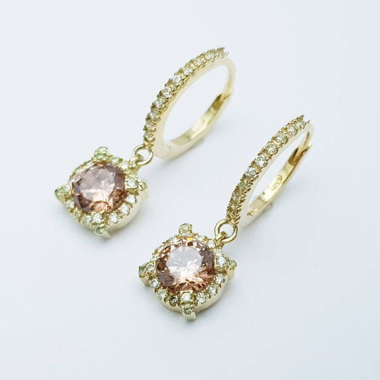 Dainty hoop earrings with small champagne pink drop, cute pink hoop earrings, thin gold plated hoops
