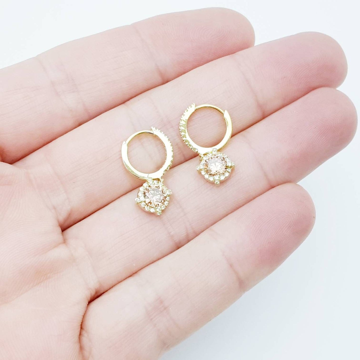 Dainty hoop earrings with small champagne pink drop, cute pink hoop earrings, thin gold plated hoops