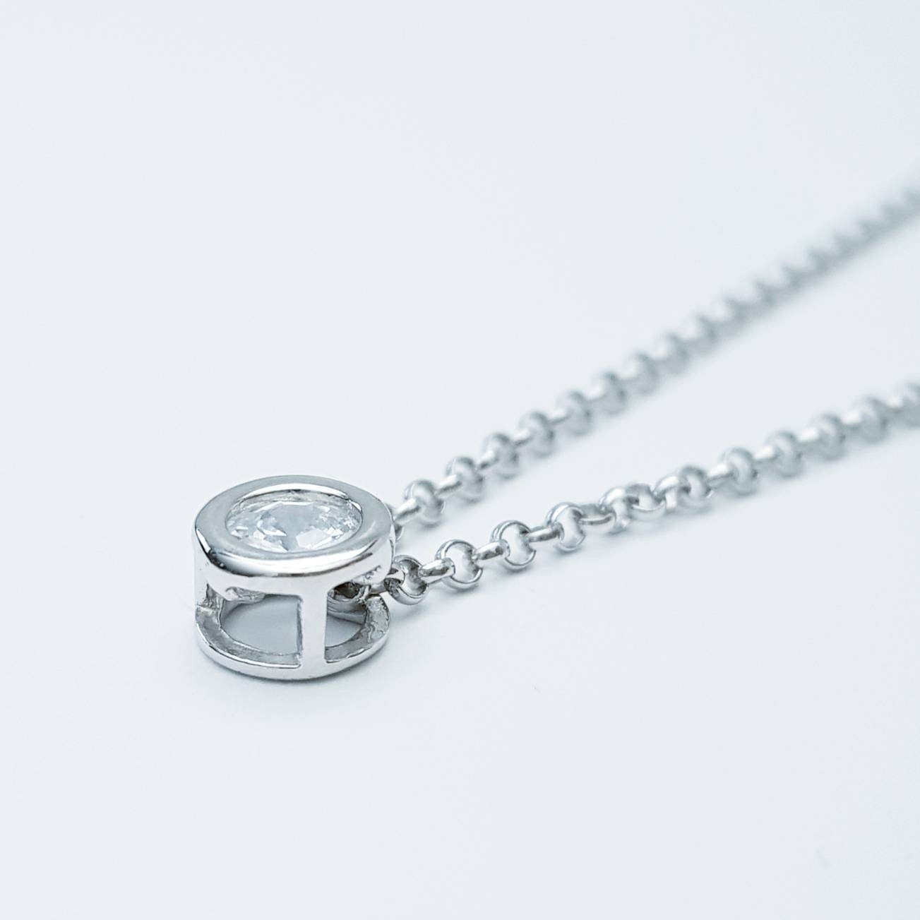 Sterling silver single stone pendant, Classic faux diamond necklace, sliding diamond chain