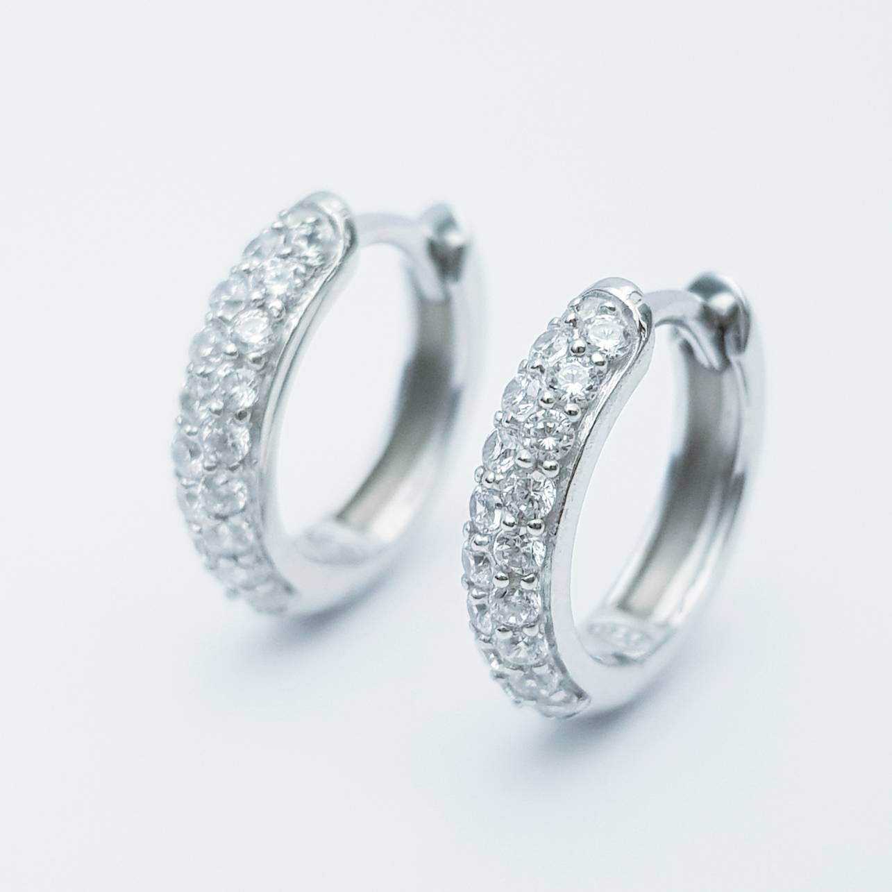 Medium hoop earrings, silver huggie earrings, faux diamond huggies