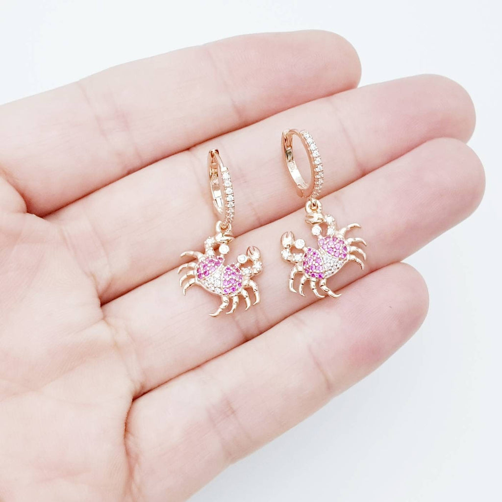 Rose gold hoops with pink crab charm, cute drop earrings