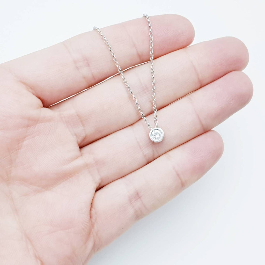 Sterling silver single stone pendant, Classic faux diamond necklace, sliding diamond chain