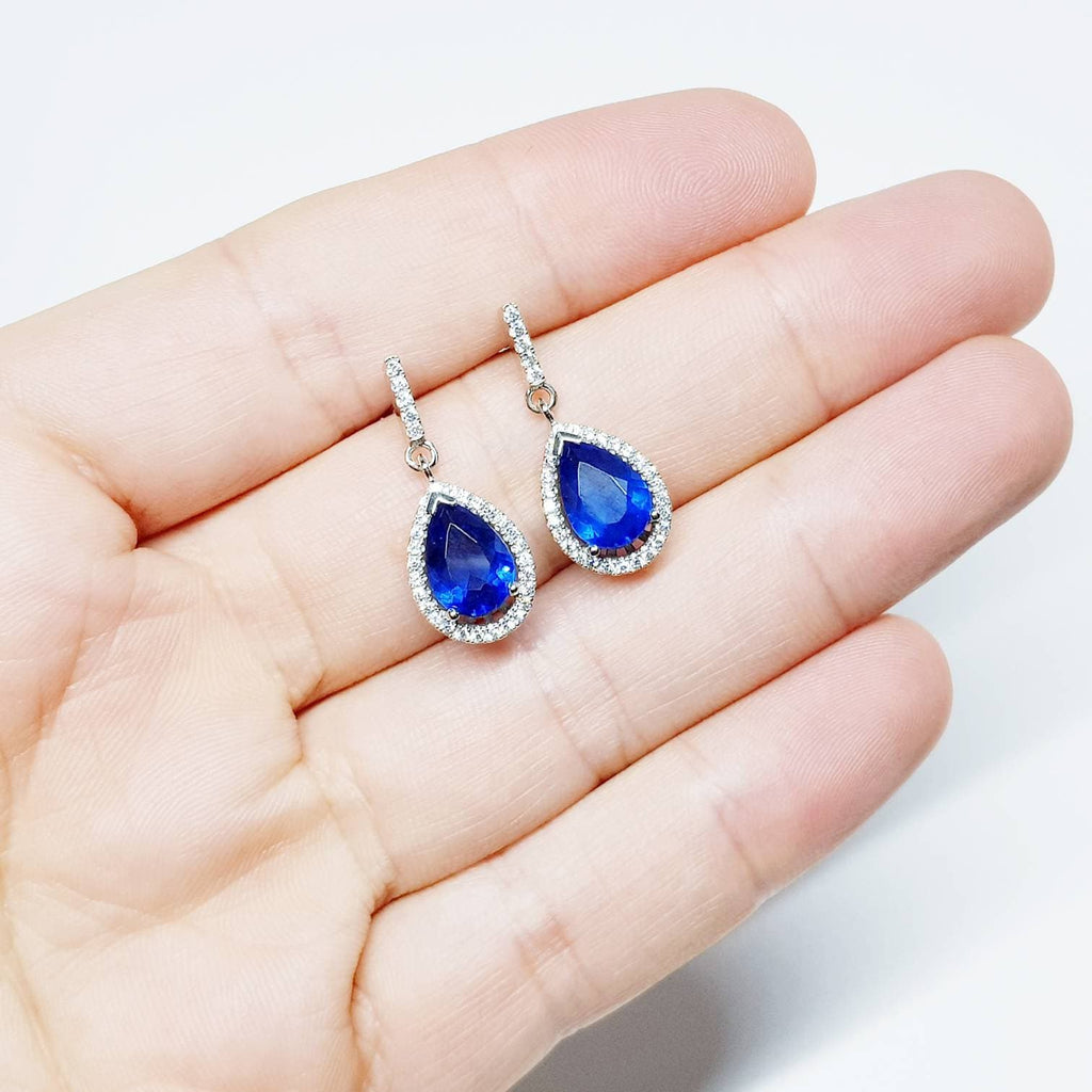 Sapphire blue drop earrings, vintage teardrop blue earrings, blue diamond earrings