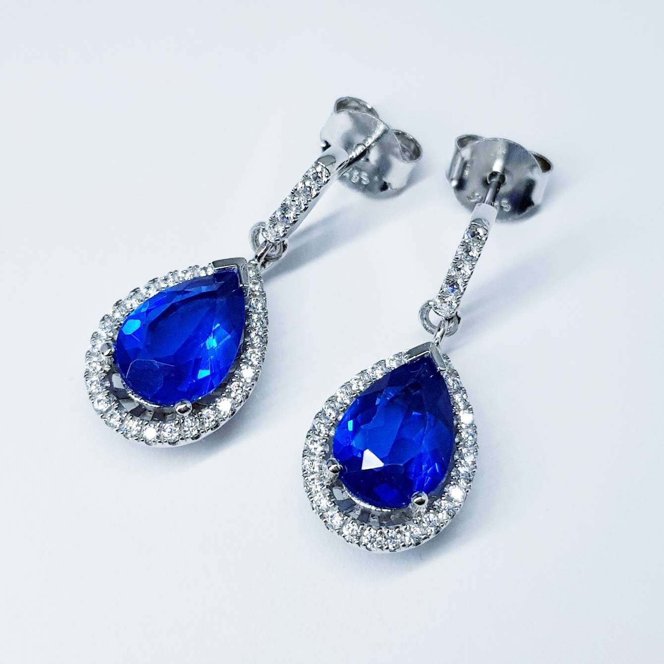 Sapphire blue drop earrings, vintage teardrop blue earrings, blue diamond earrings