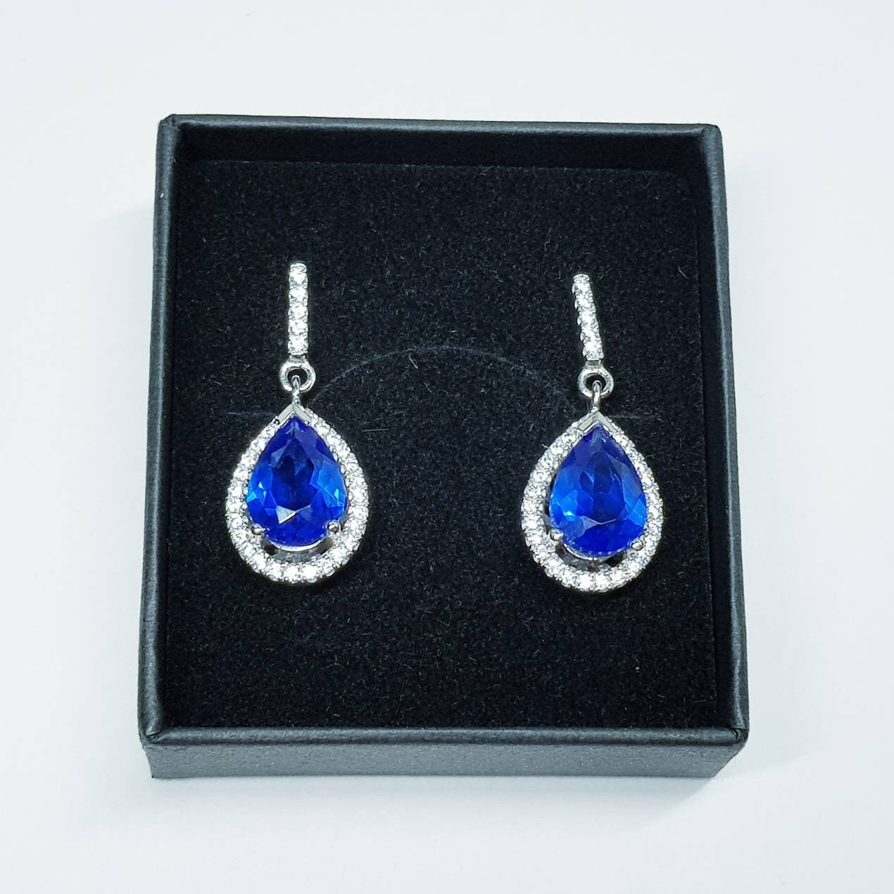 Sapphire blue drop earrings, vintage teardrop blue earrings, blue diamond earrings
