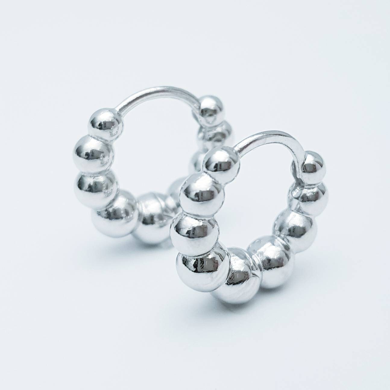 Boho hoop earrings, silver beaded huggie earrings, minimal ball hoops