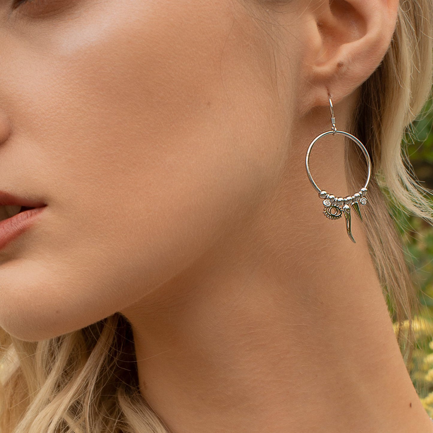 French wire hook earrings, large round unique drop earrings, evil eye boho earrings, festival earrings