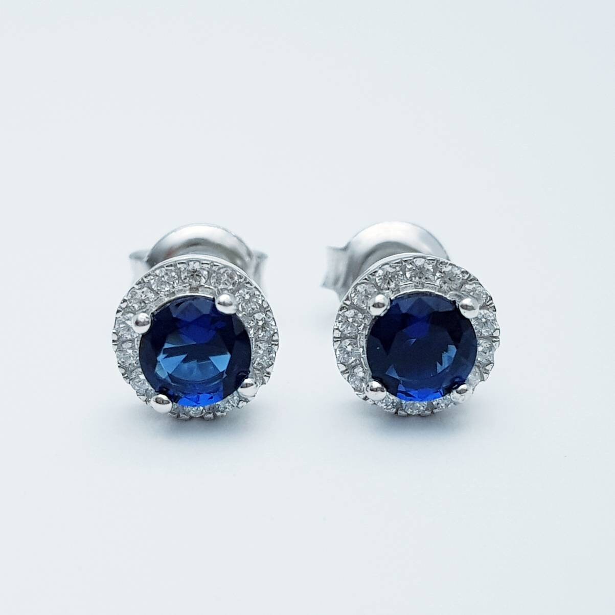 Small blue earrings, sapphire stud earrings, small stud earrings, vintage earrings, diamond halo earrings, September birthstone studs