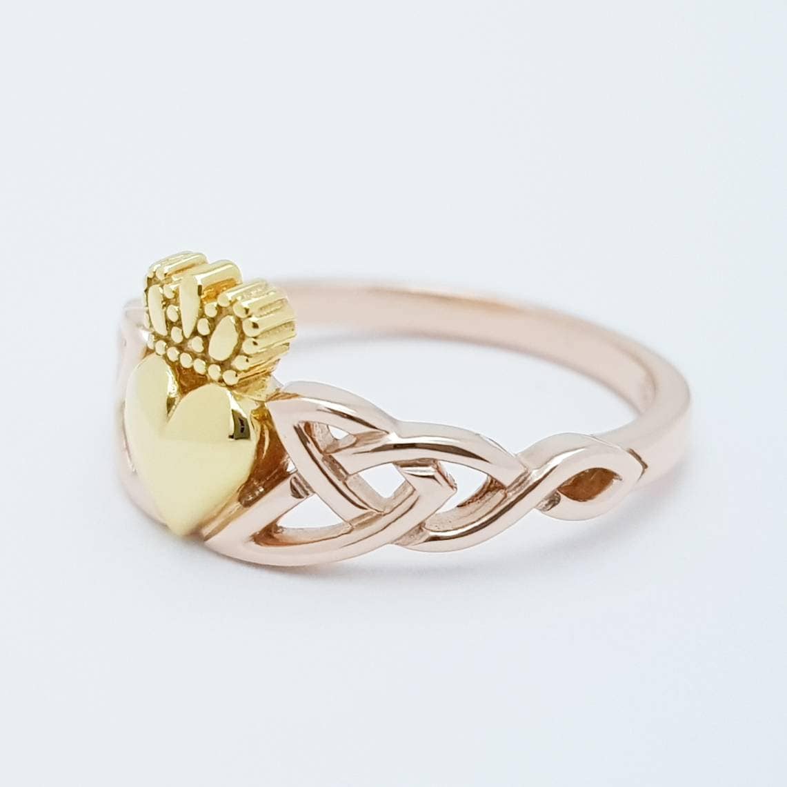 Sterling Silver Claddagh ring, rose and yellow gold celtic Knot Claddagh Ring, Irish celtic love ring
