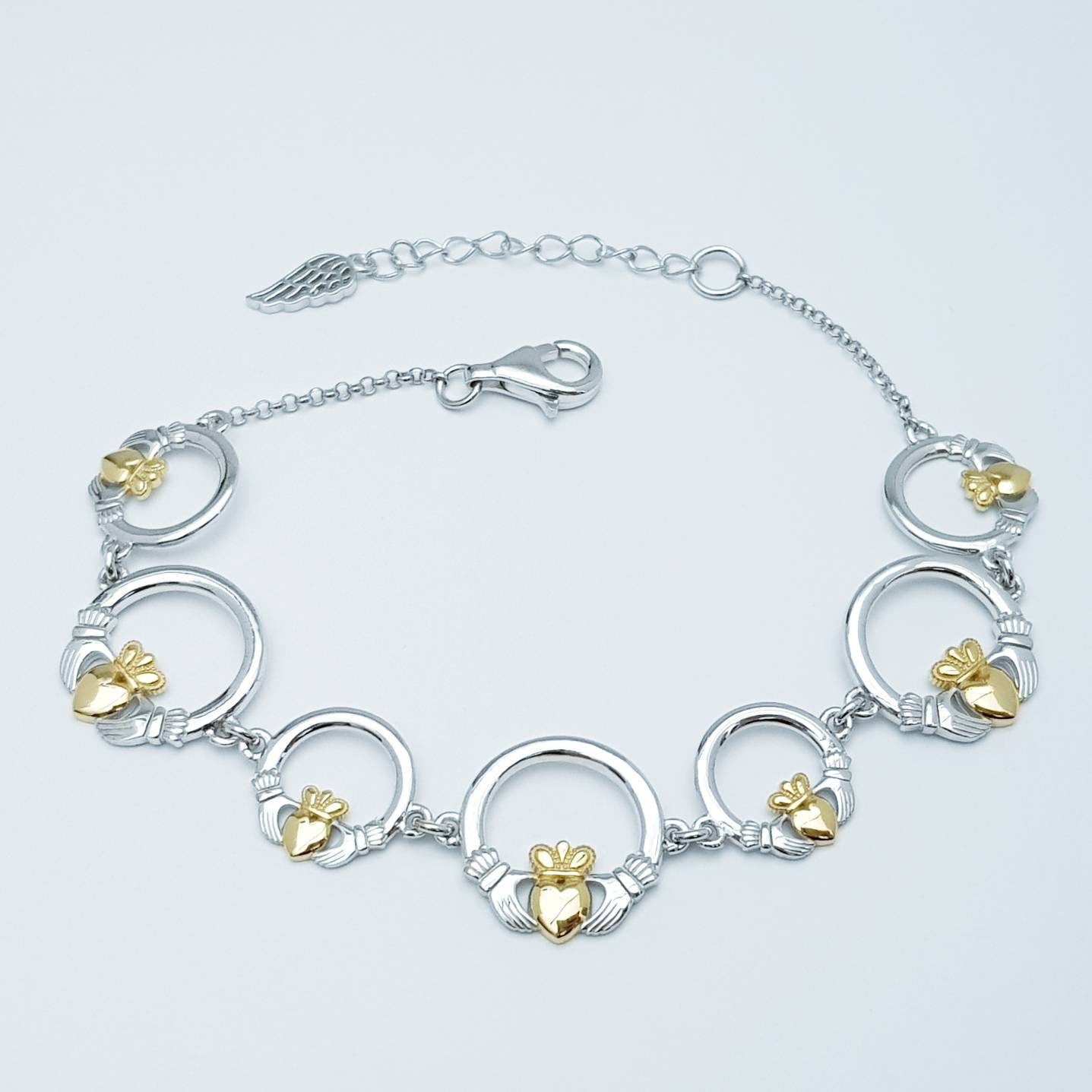Claddagh bracelet, small claddagh bracelet, silver and gold claddagh bracelet