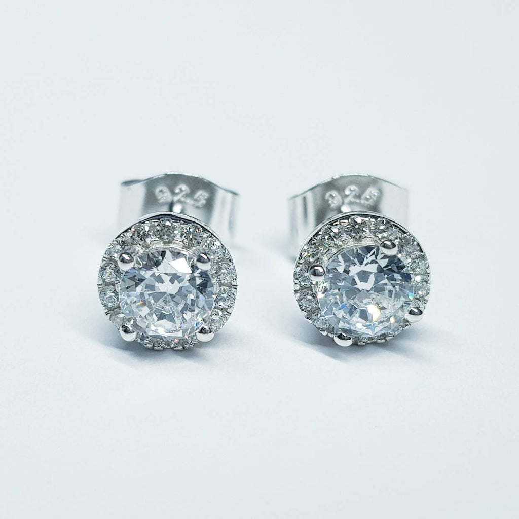 Small diamond cz earrings, small stud earrings, vintage earrings, diamond halo earrings, april birthstone studs