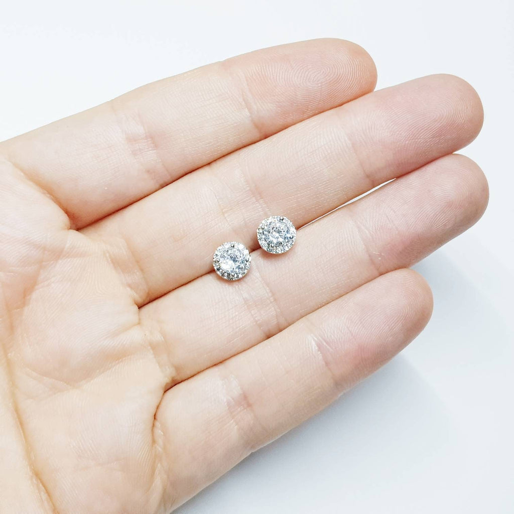 Small diamond cz earrings, small stud earrings, vintage earrings, diamond halo earrings, april birthstone studs