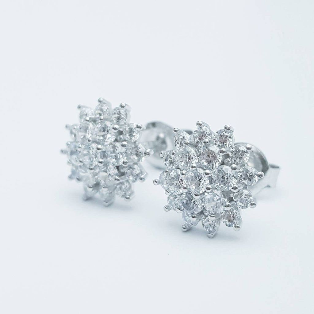 Vintage diamond cz earrings, starburst earrings, silver diamond halo earrings