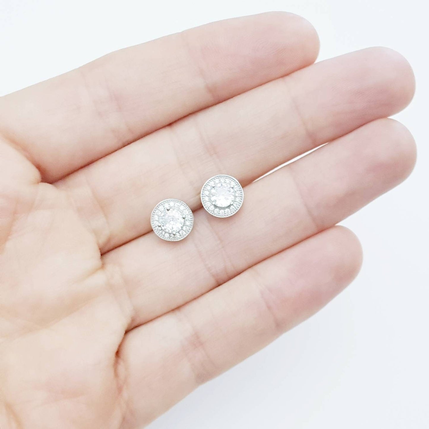 Silver Halo Earrings, round stud earrings, faux diamond earrings for women with millgrain edge
