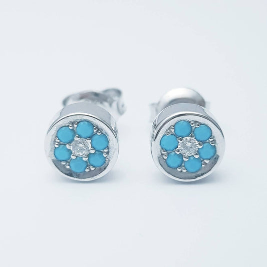 Small round sterling silver turquoise stud earrings, unique blue everyday earrings