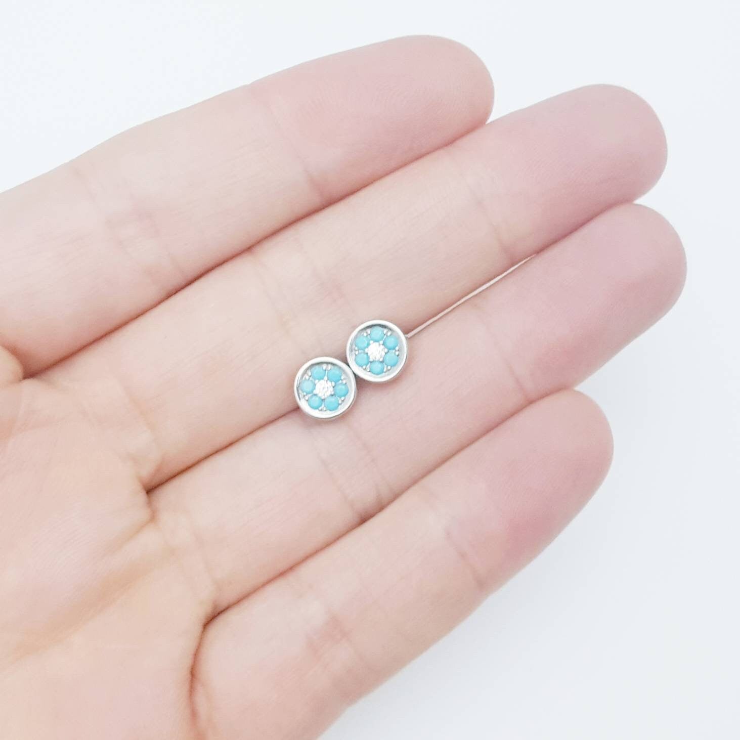 Small round sterling silver turquoise stud earrings, unique blue everyday earrings