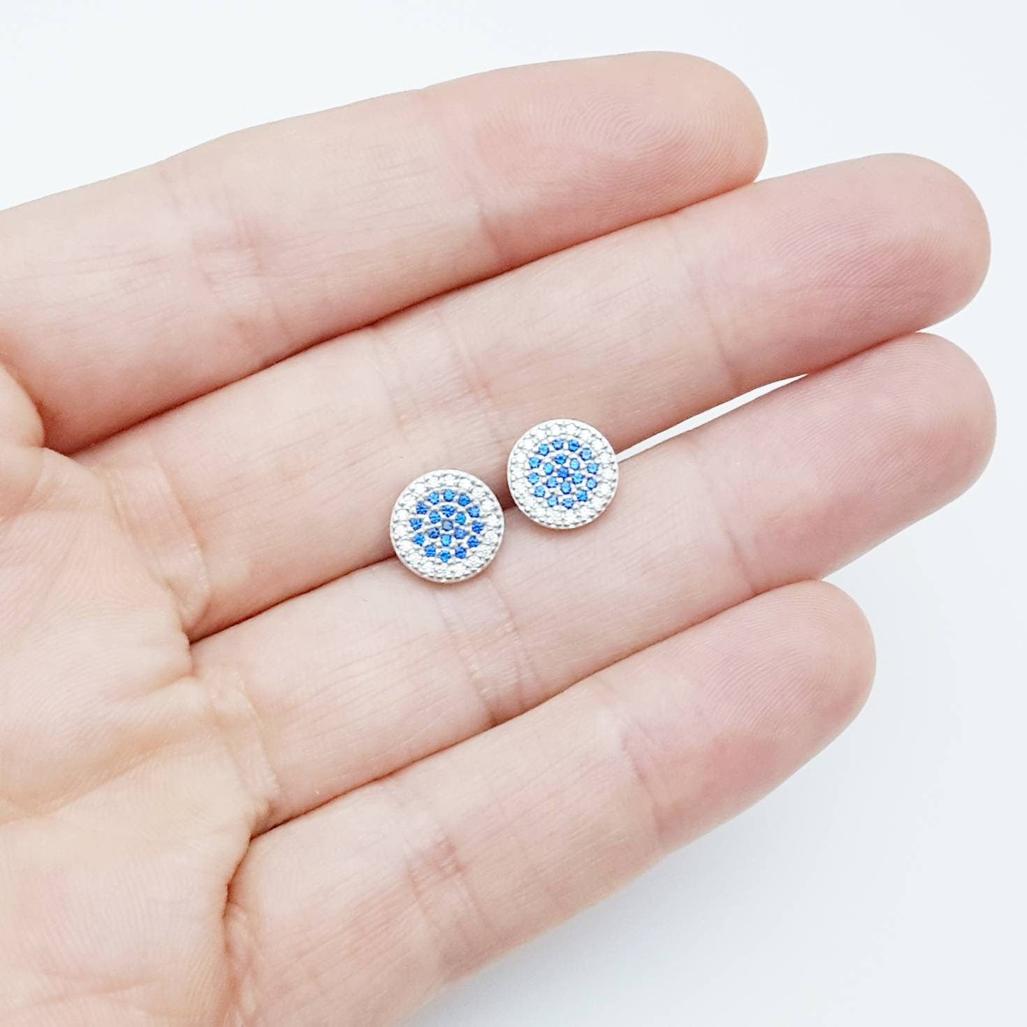 Flat round sterling silver blue stud earrings, pavé set blue earrings