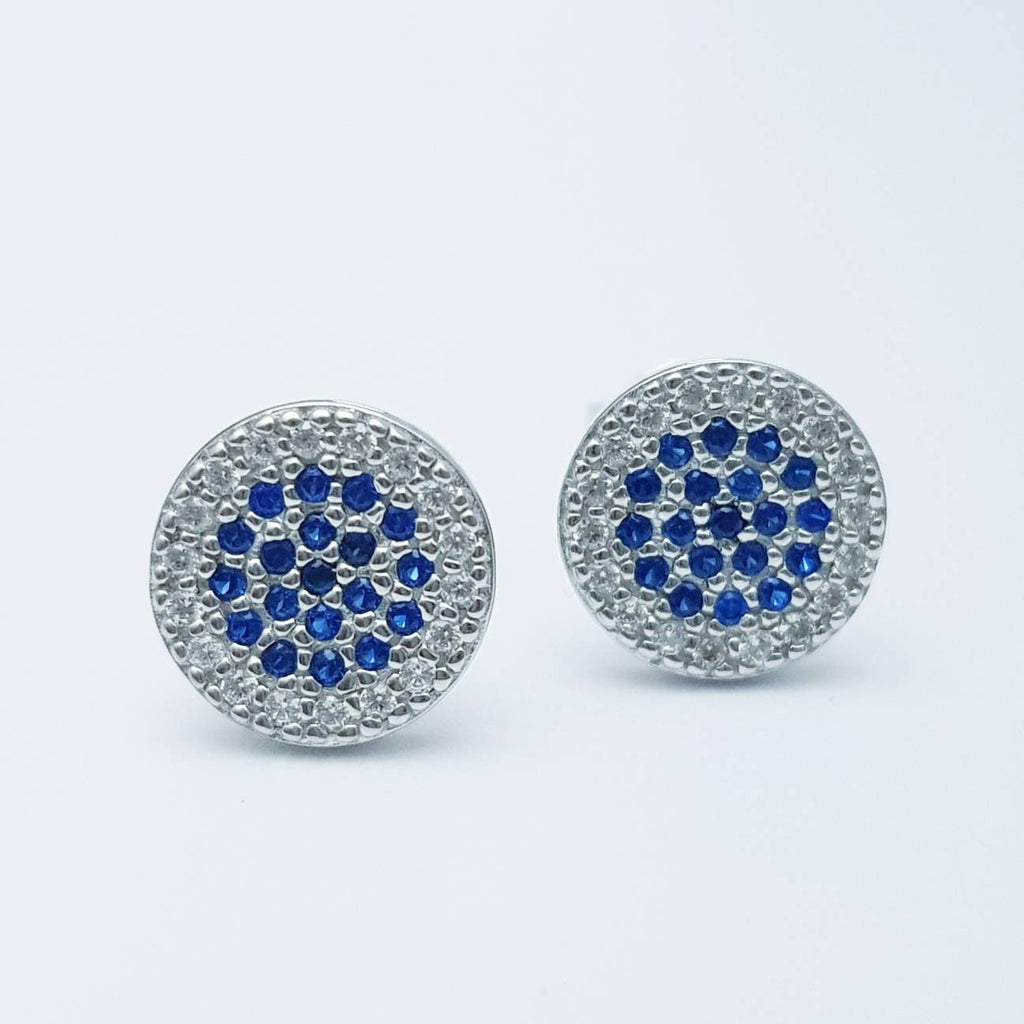 Flat round sterling silver blue stud earrings, pavé set blue earrings