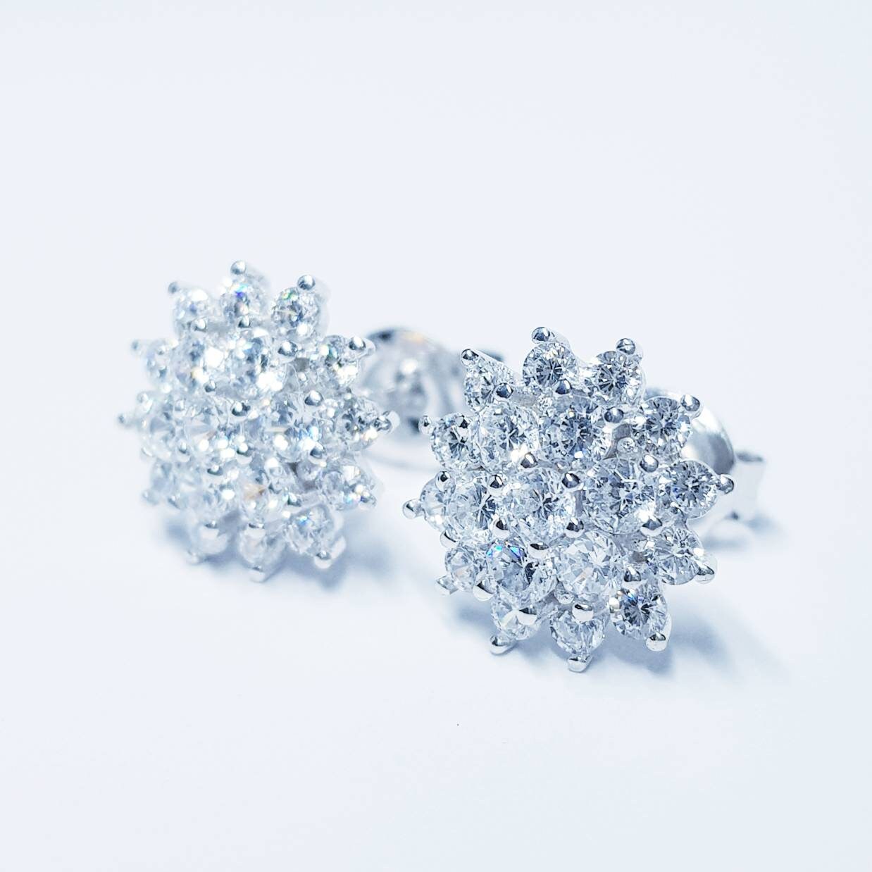 Vintage diamond cz earrings, starburst earrings, silver diamond halo earrings