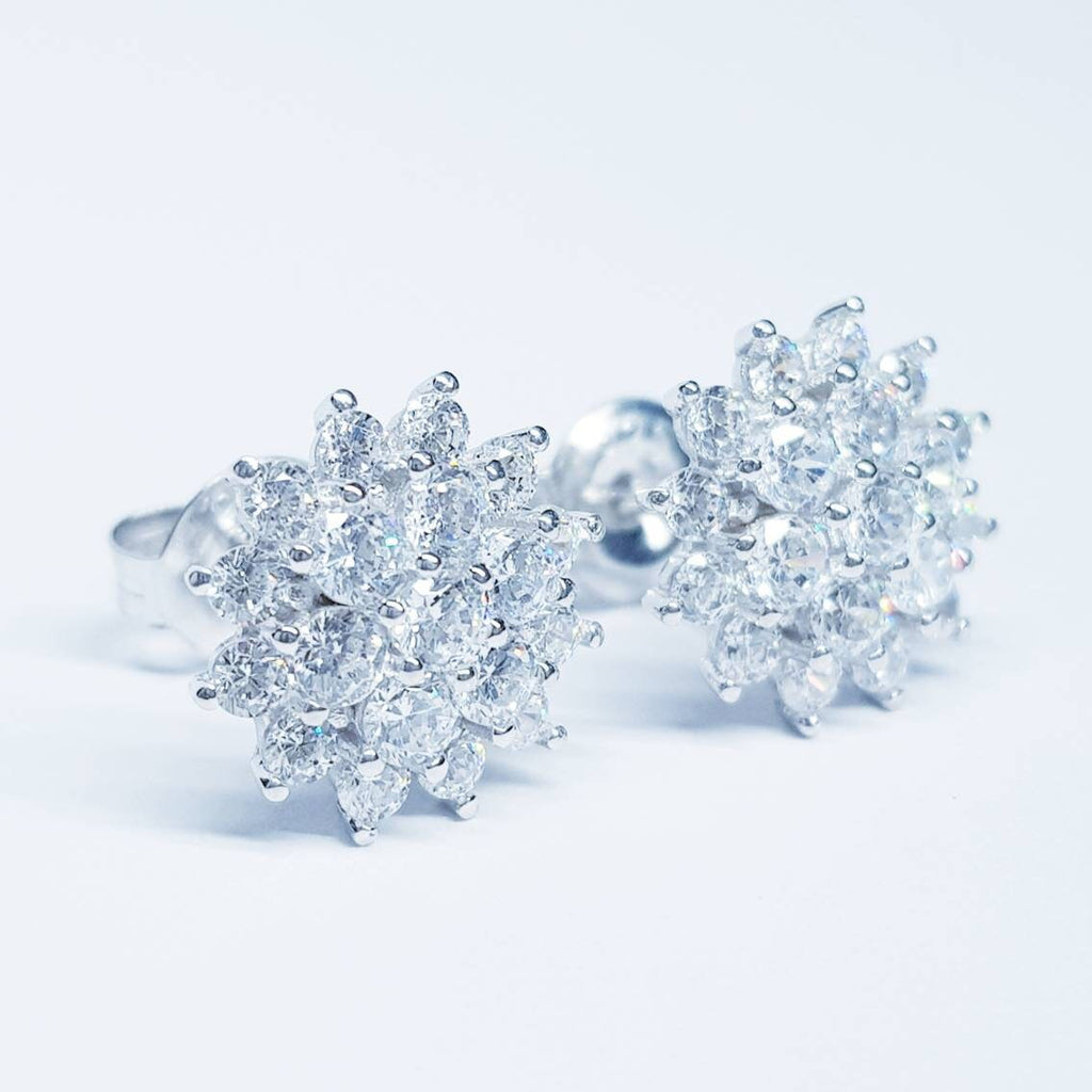 Vintage diamond cz earrings, starburst earrings, silver diamond halo earrings