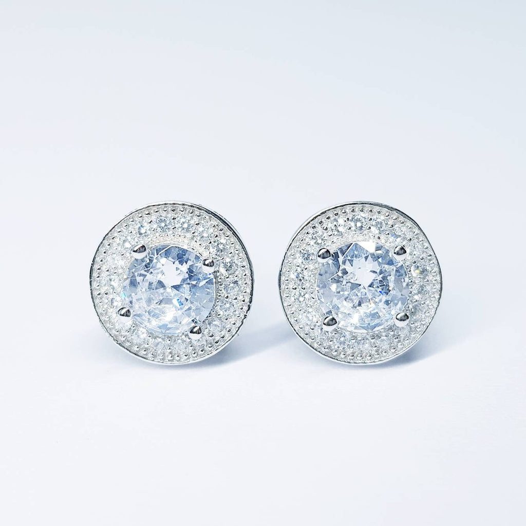 Silver Halo Earrings, round stud earrings, faux diamond earrings for women with millgrain edge