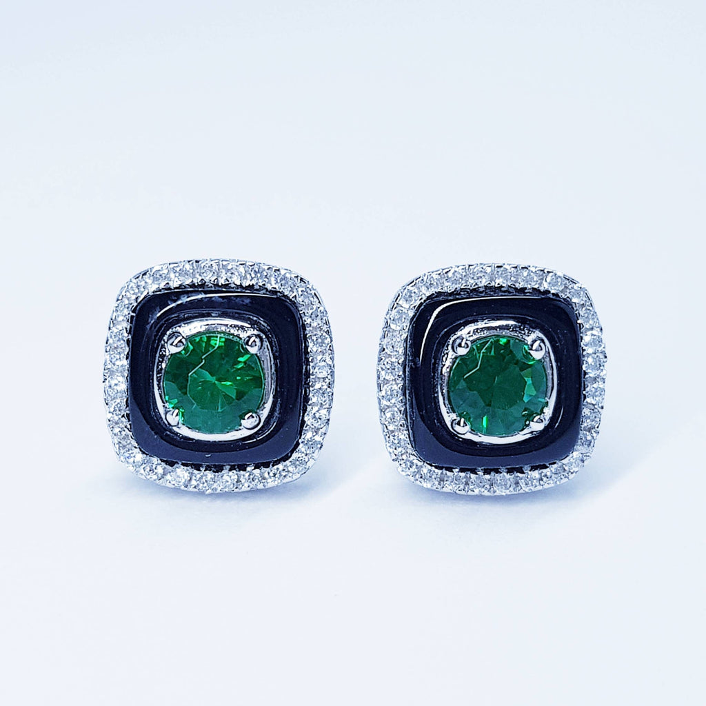 Green earrings, emerald stud earrings, gift for women, vintage earrings, black lacquer earrings, earrings for women, may birthstone studs