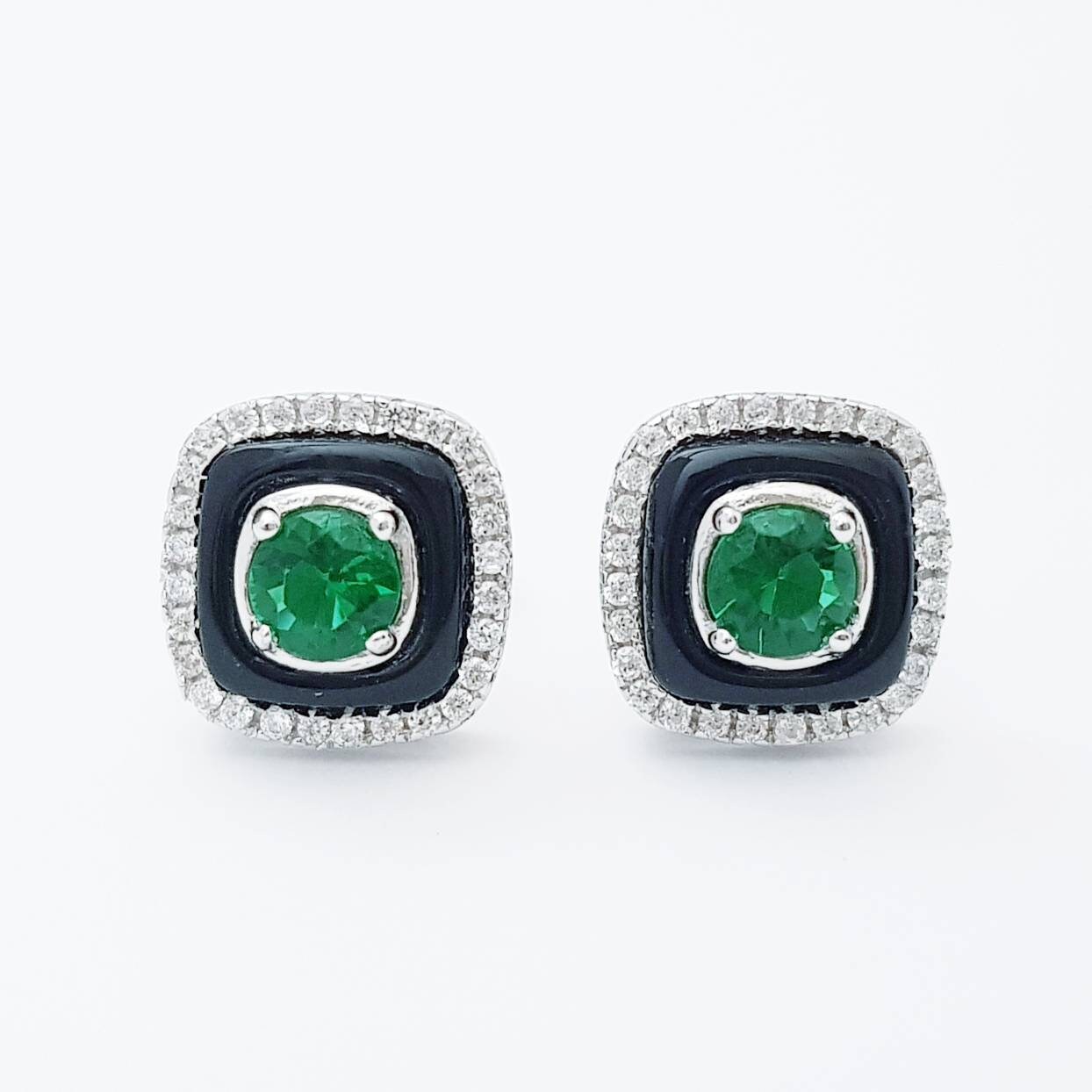 Green earrings, emerald stud earrings, gift for women, vintage earrings, black lacquer earrings, earrings for women, may birthstone studs
