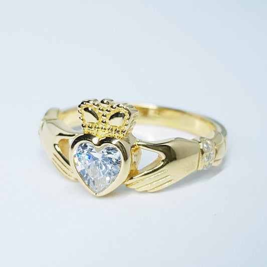 Yellow Gold plated Claddagh ring set with sparkling synthetic diamond stone